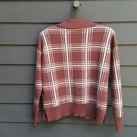 Max Studio Brown White Plaid Knit Sweater with Collar size Medium - Picture 3 of 11